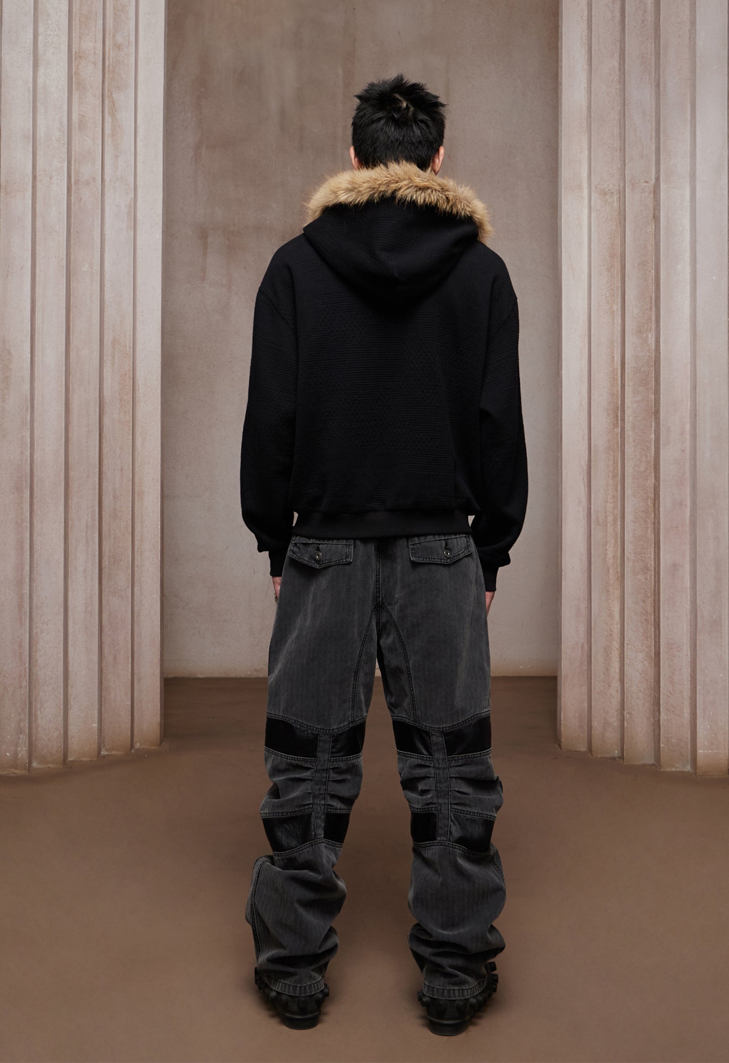 Heavy Washed Leather-Panel Utility Cargo Jeans
