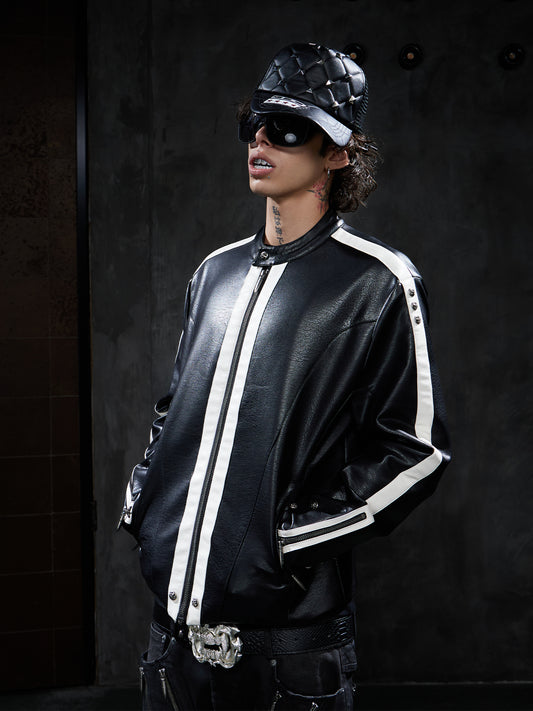 Vintage Contrast-Stripe Racing Leather Jacket