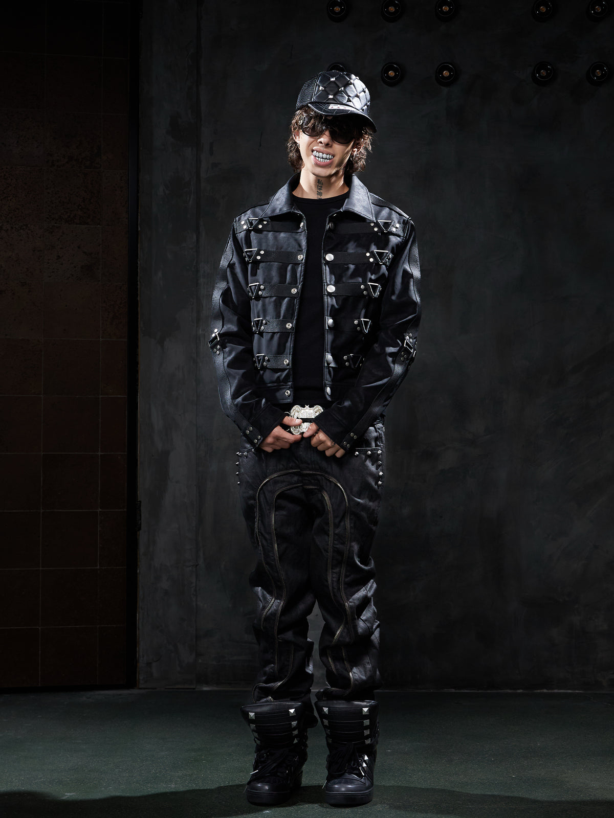 Dark Studded Multi-Strap Suede Jacket