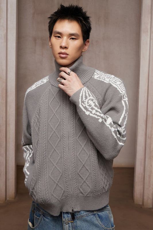 Riff Aran Cable Knit High-Neck Zip-Up Jacket