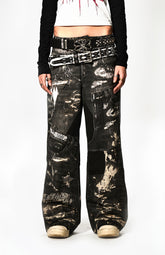 Double Waistband Destory Printed Baggy Pants