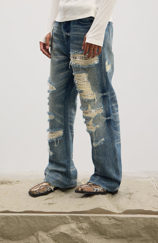 Ripped Metallic-Panel Washed Blue Flared Jeans