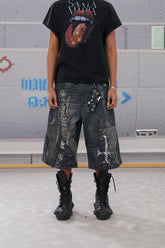 Leather Cross Splicing Printed 3/4 Jeans