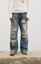 Ripped Metallic-Panel Washed Blue Flared Jeans