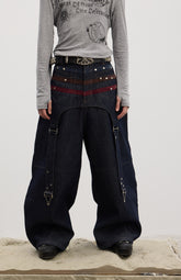Triple Suede-Strapped Star-Rivet Harness Baggy Raw Denim