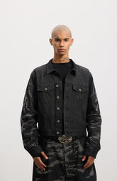 Tiger-Whisker Heat-Pressed Studded Cropped Raw Denim Jacket