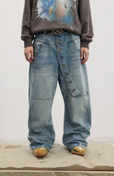 Asymmetrical Long Button Fly Curved-Blade Denim
