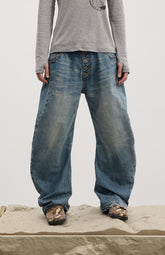 Curved Button Fly Loose Fit Washed Denim