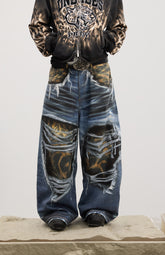 Ripped Leopard Layer Washed Print Jeans