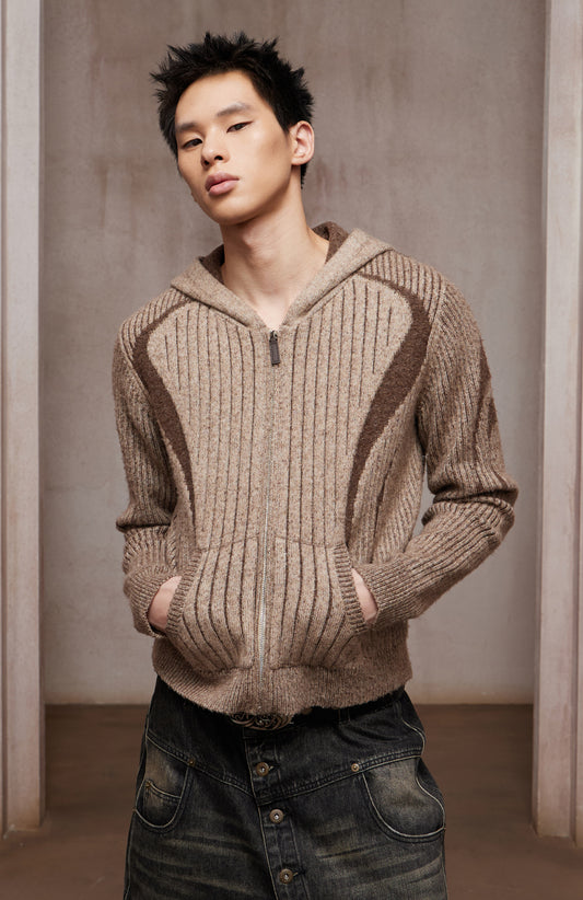 Structured Two-Tone Ribbed Knit Zip-Up Hoodie
