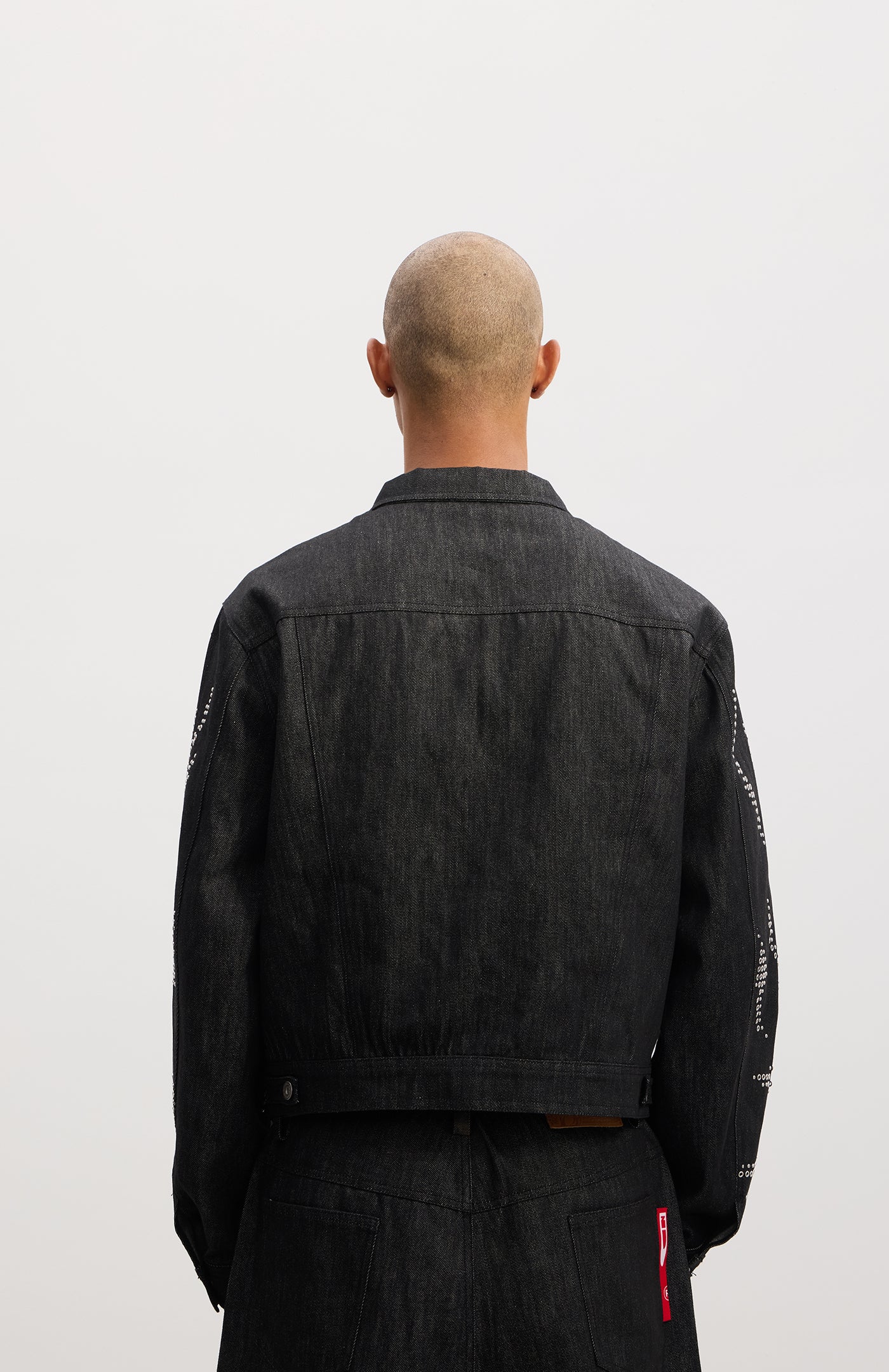 Tiger-Whisker Heat-Pressed Studded Cropped Raw Denim Jacket