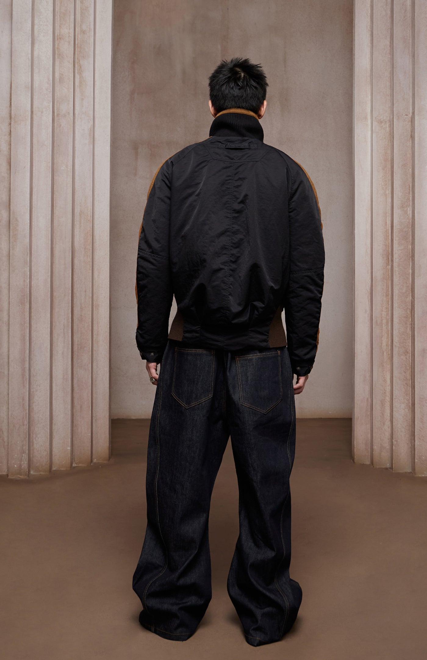 Asymmetric Front Suede-Corduroy Panel Padded Jacket (black X cosmic orange)