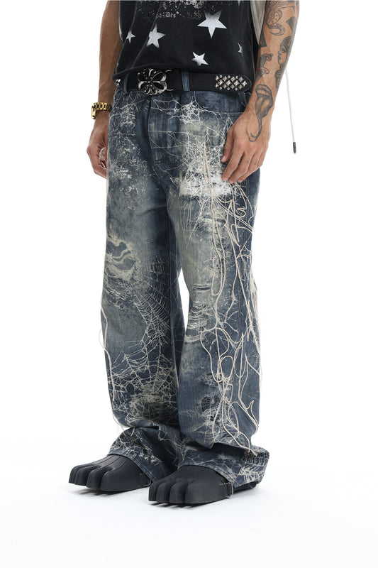 Spider Web Embroidery Tassel Hard Washed Jeans
