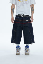 Triple Suede-Strapped Star-Rivet Harness Denim Shorts