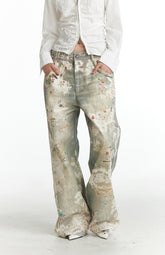 Distressed Gems&Lace Whitewashed Print Jeans