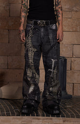 Leather Cross Splicing Printed Jeans