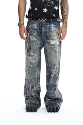 Spider Web Embroidery Tassel Hard Washed Jeans