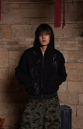 Rhinestone Black Zip-up Hoodie 尺码