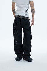 Multi Pleats Asymmetric Riveted Raw Denim Wide-Leg Jeans