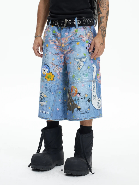 Star Graffiti Flocked Patches Embroidery Cartoon Oversized Pants