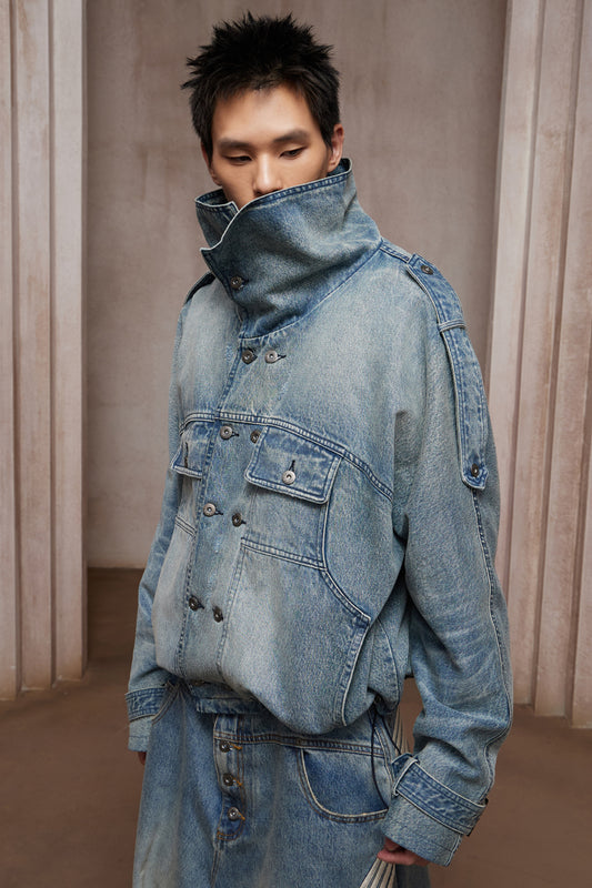 Washed Stand-Collar Double-Breasted Cropped Denim Trench Jacket