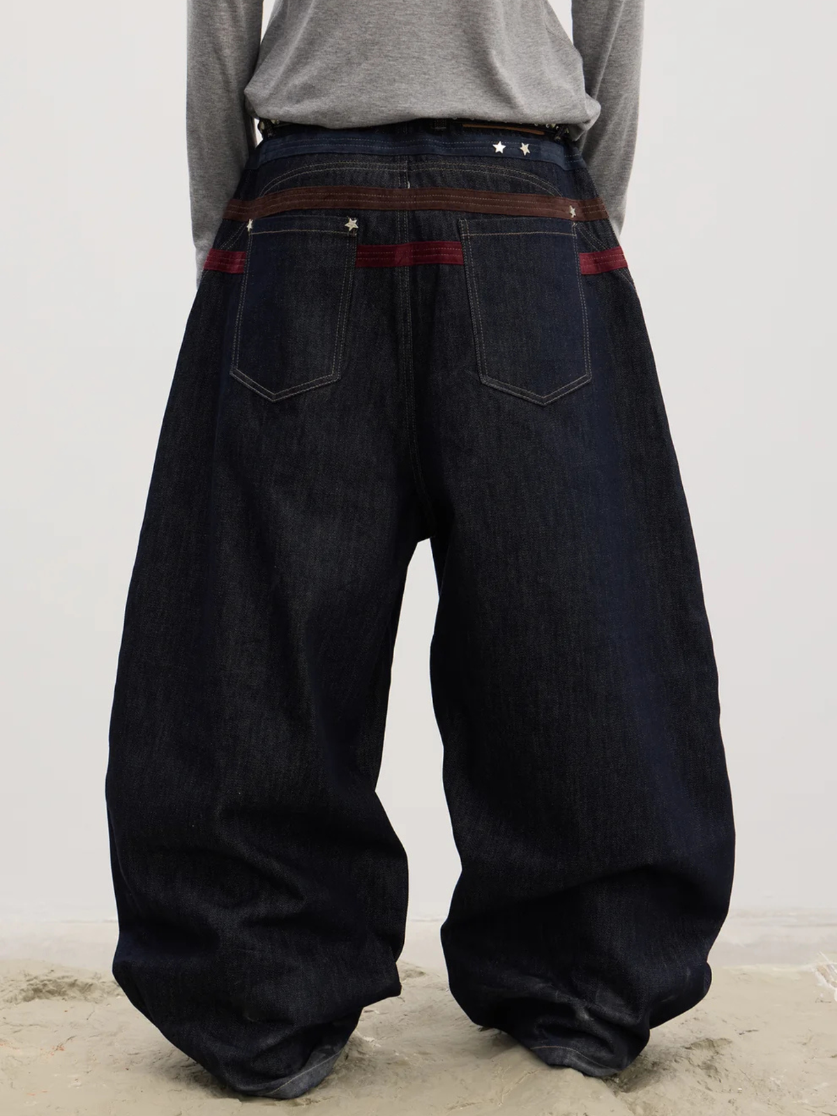 Triple Suede-Strapped Star-Rivet Harness Baggy Raw Denim