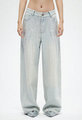 Luxe Rhinestone Starburst Curved-Cut Wide-Leg Jeans