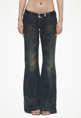 Retro Antique-Gold Studded Totem Bootcut Jeans