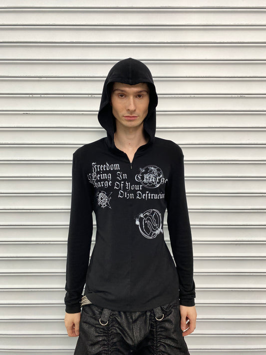Gothic Lettering Half-Zip Hooded Long Sleeve