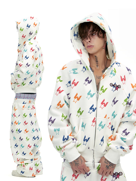 Multicolor Houndstooth Zip-Up Hoodie & Double-Waist Sweatpants