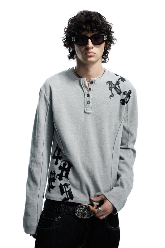 Henley Neck Applique Long Sleeve