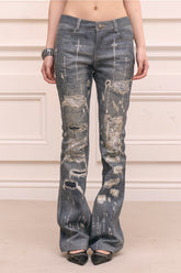 Rhinestone Ripped Straight Leg All-Over Print Pants
