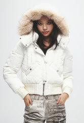 Faux Fur Hooded Cropped Fitted Down Jacket (Ivory)