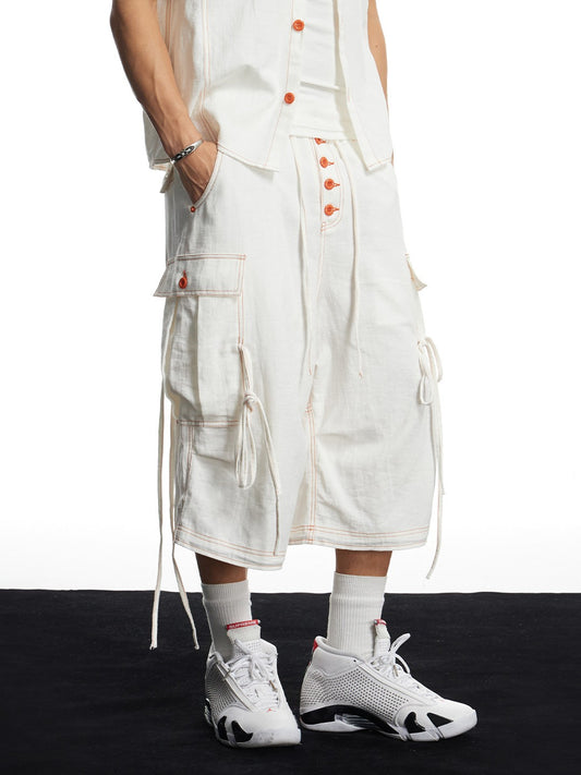 White Linen Infrared Contrast Stitch Bullet Back Patch Cargo Shorts