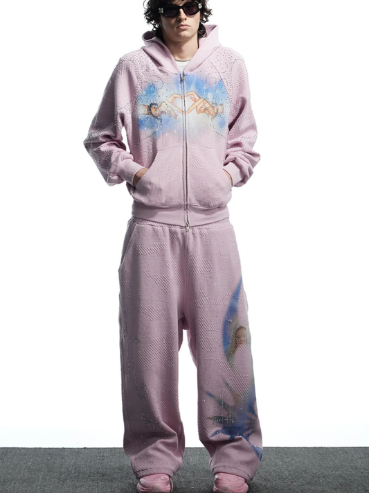 Virgin Mary Hotfix Rhinestone Double Waist Sweatpants - Pink
