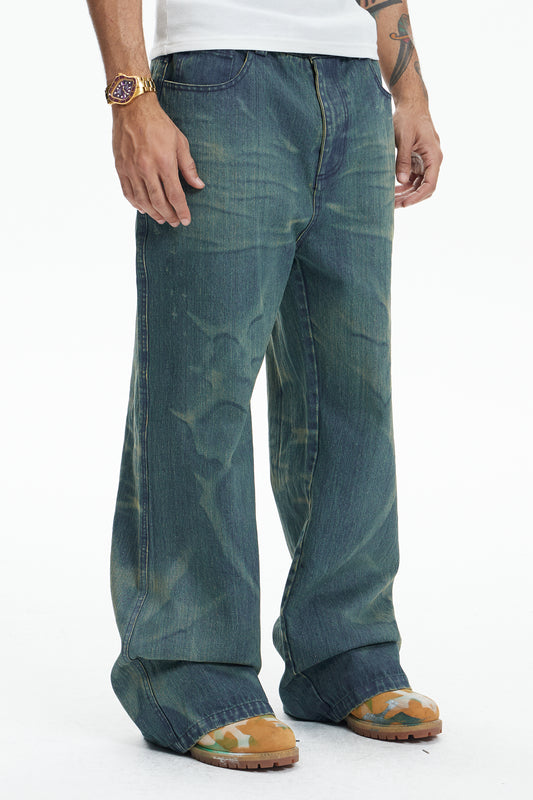 Laser Burning Ocean Straight Leg Jeans