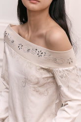 Rivet Asymmetric Shoulder Print Long Sleeve Top