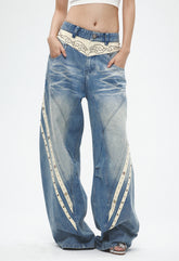 Gem-Studded Stripe Panel Loose Washed Blade Jeans
