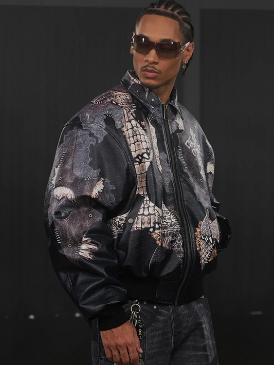 Jeweled Cross Spliced Pythonskin Leather Jacket