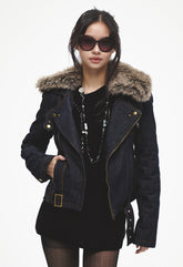 Retro Detachable Fur Collar Fitted Raw Denim Biker Jacket