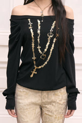 Raglan Sleeve Gold Foil One-Shoulder Top