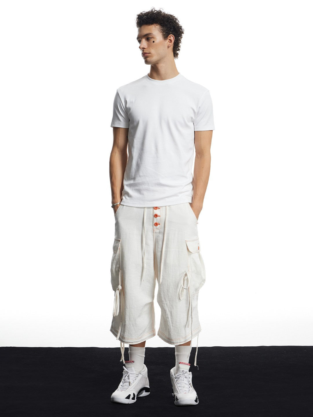 White Linen Infrared Contrast Stitch Bullet Back Patch Cargo Shorts