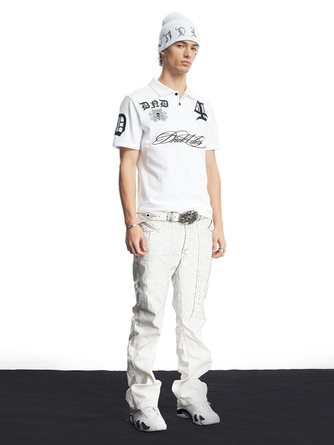 Gothic Script Embroidered Boxy Polo Shirt