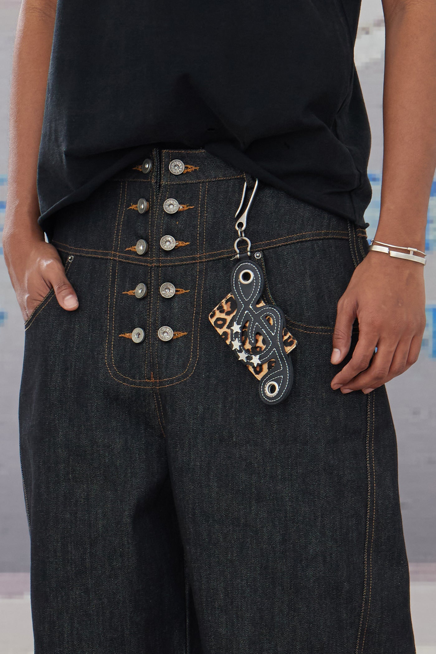 Genuine Haircalf Leopard x Cow Print Leather Cardholder with Music Notes and Star Rivets
