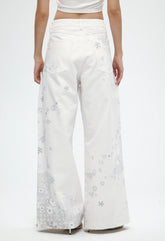 Lace Floral Embroidered Print Loose Jeans