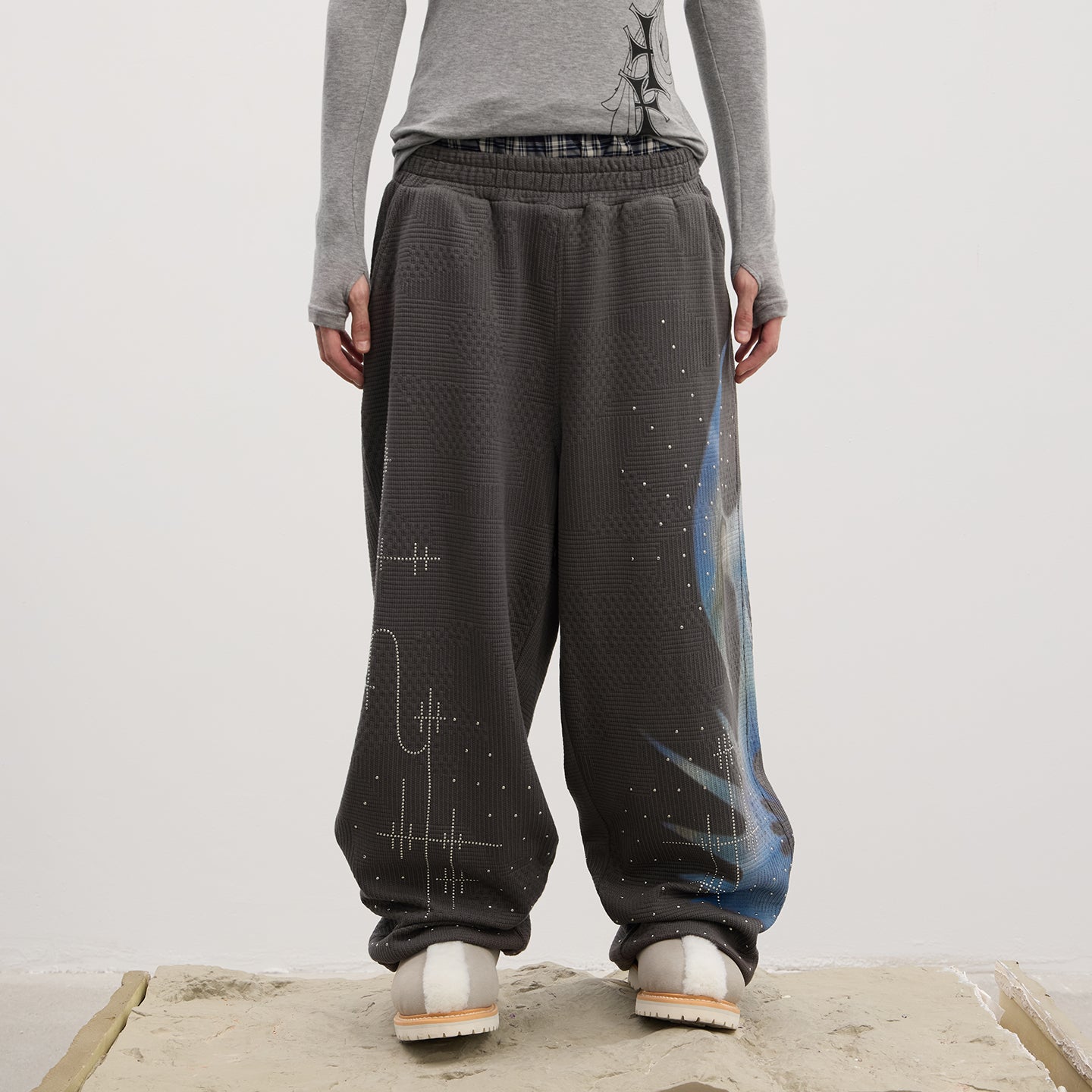 Dreamcore Virgin Mary Rhinestone Double-Waist Waffle Sweatpants