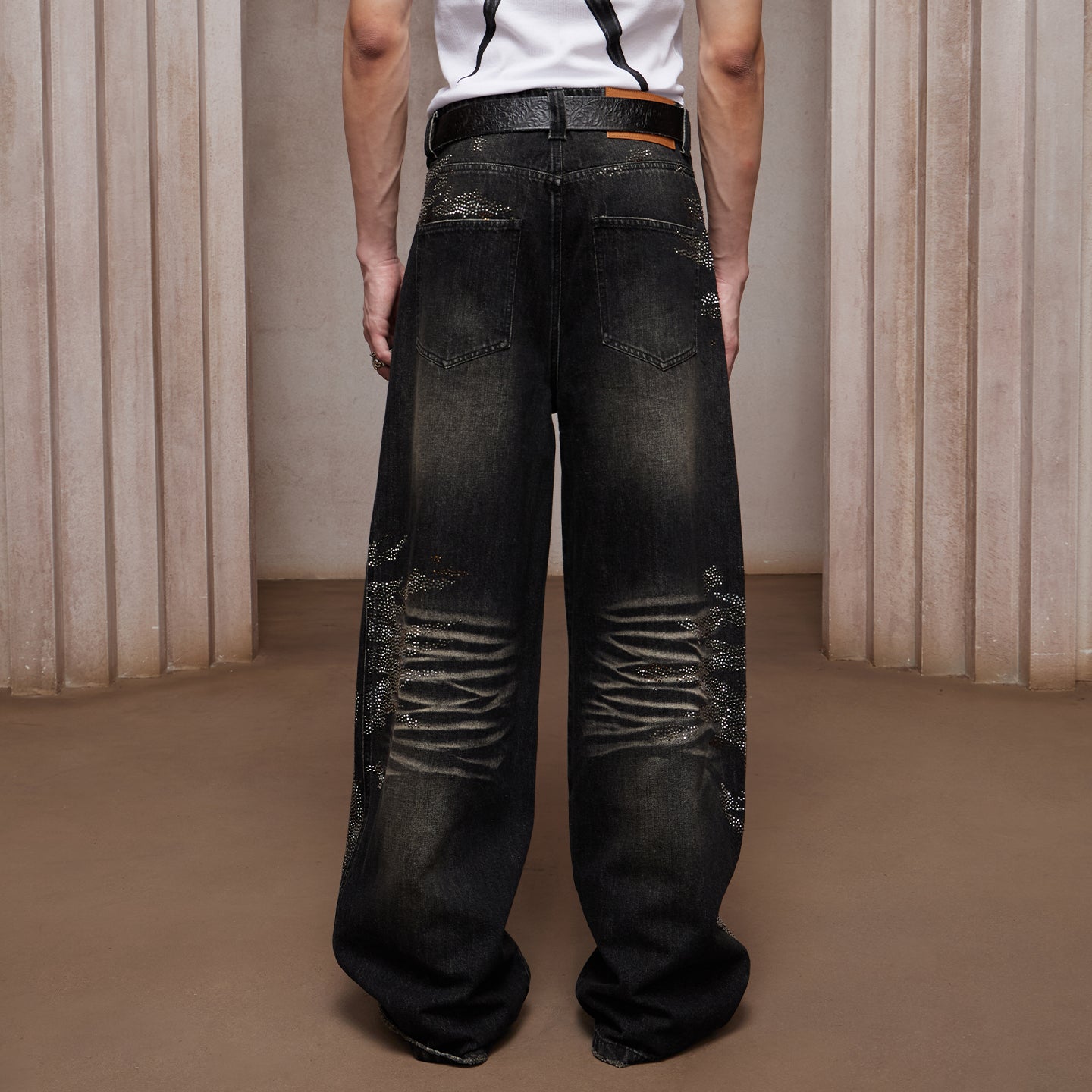 28K Crystal-Studded Dual-Wash A-Line Denim(mud)