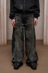 28K Crystal-Studded Dual-Wash A-Line Denim (black)