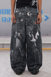 Rhinestone-Studded Armour Print Baggy Pants