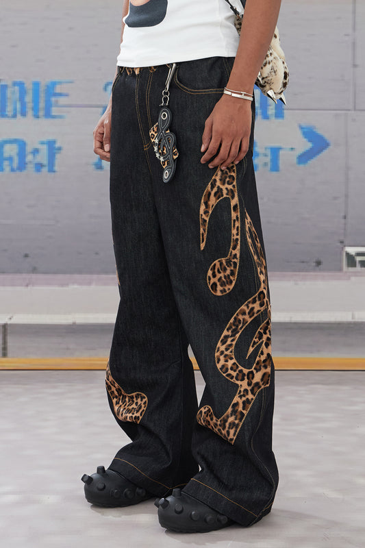 Genuine Haircalf Leopard Leather Note Embroidery Baggy Raw Denim Jeans